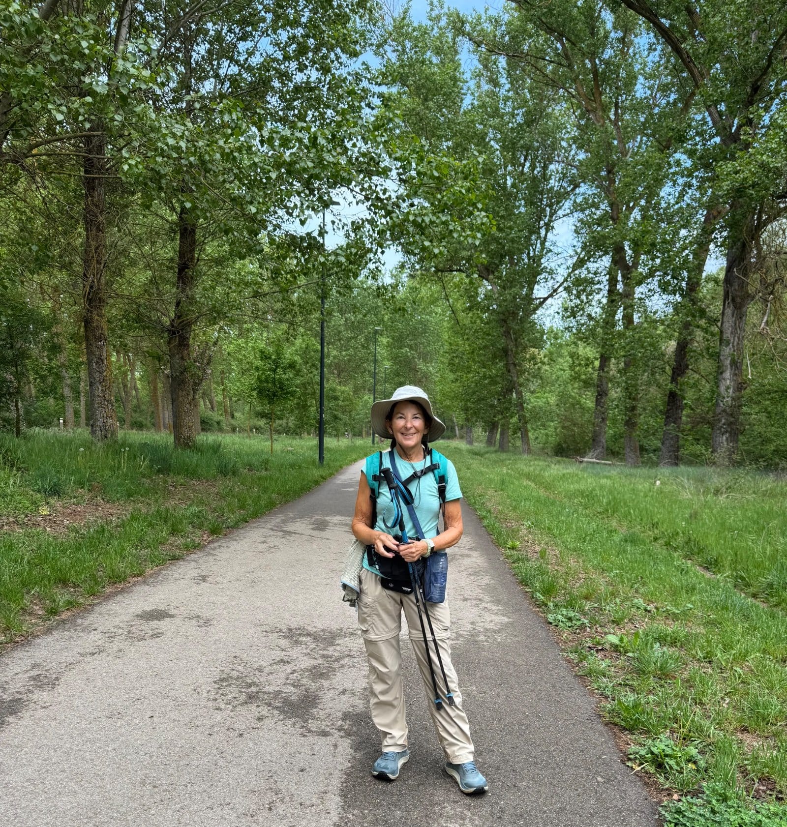 Shelley on tree-lined path to Burgos