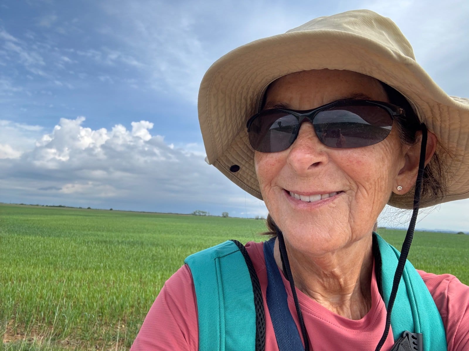 Shelley wearing new hat in Meseta countryside