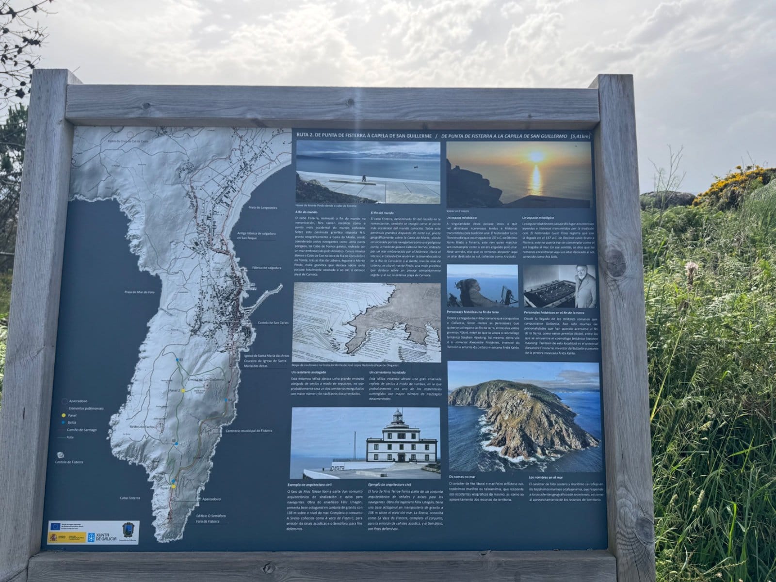 Information panel about Finisterre lighthouse and coast