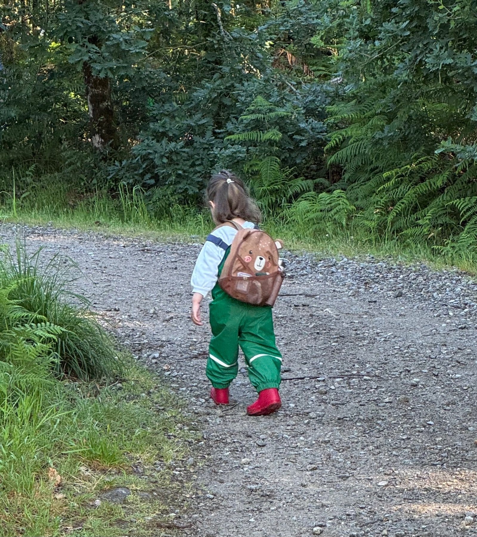 Child pilgrim with teddy bear backpack on forest path