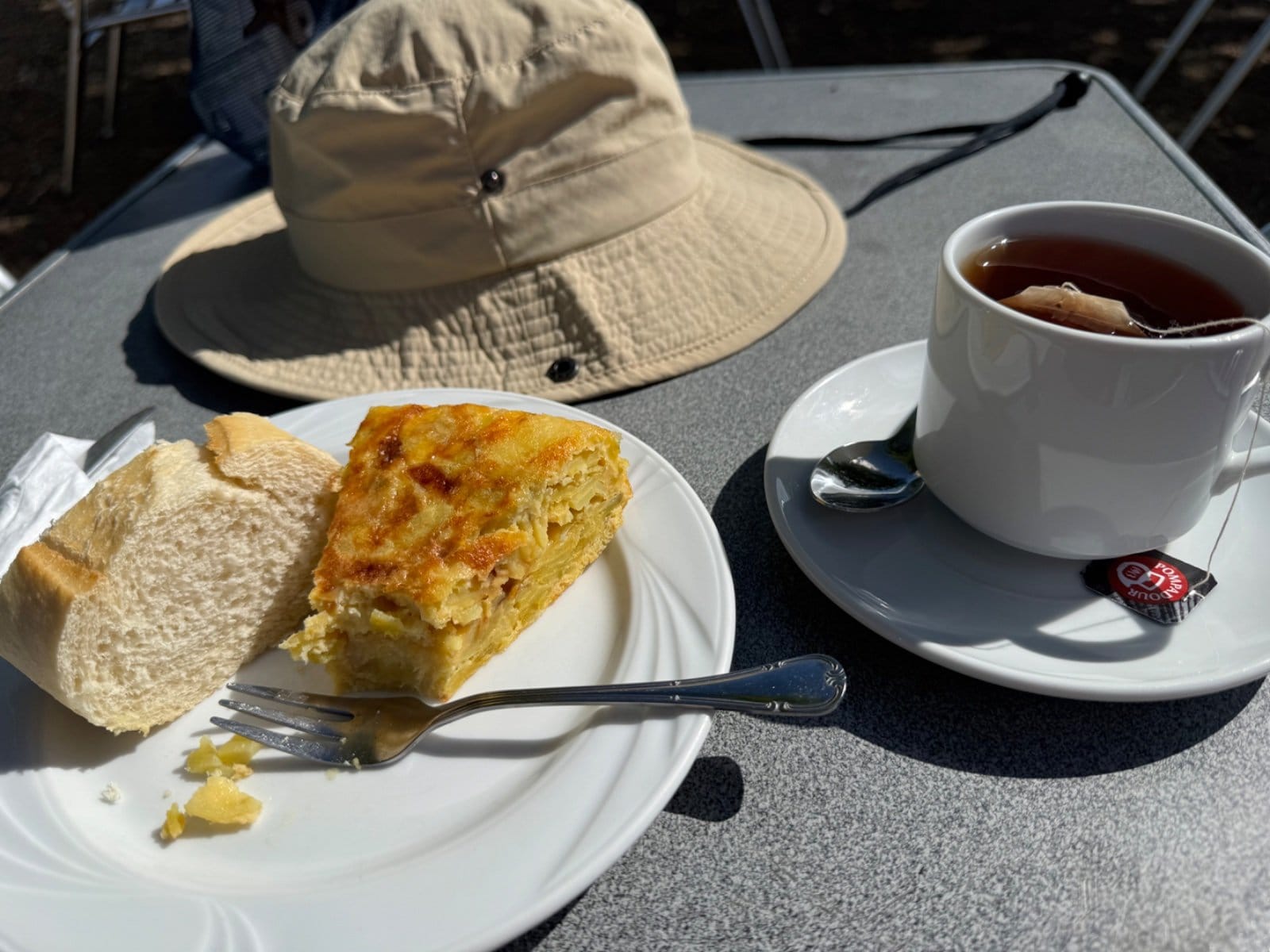 Afternoon refreshment break with tortilla and tea