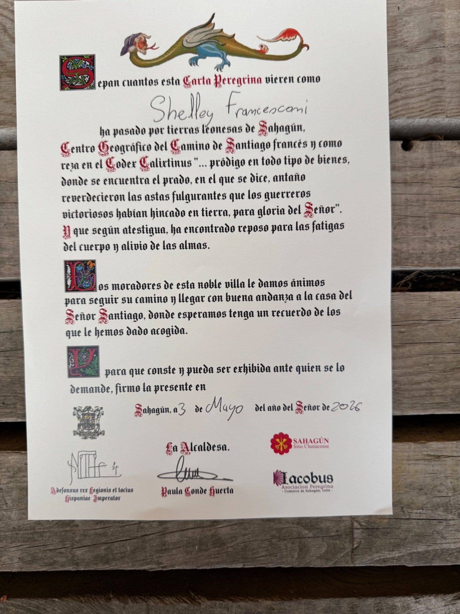 Halfway completion certificate from Sahagún
