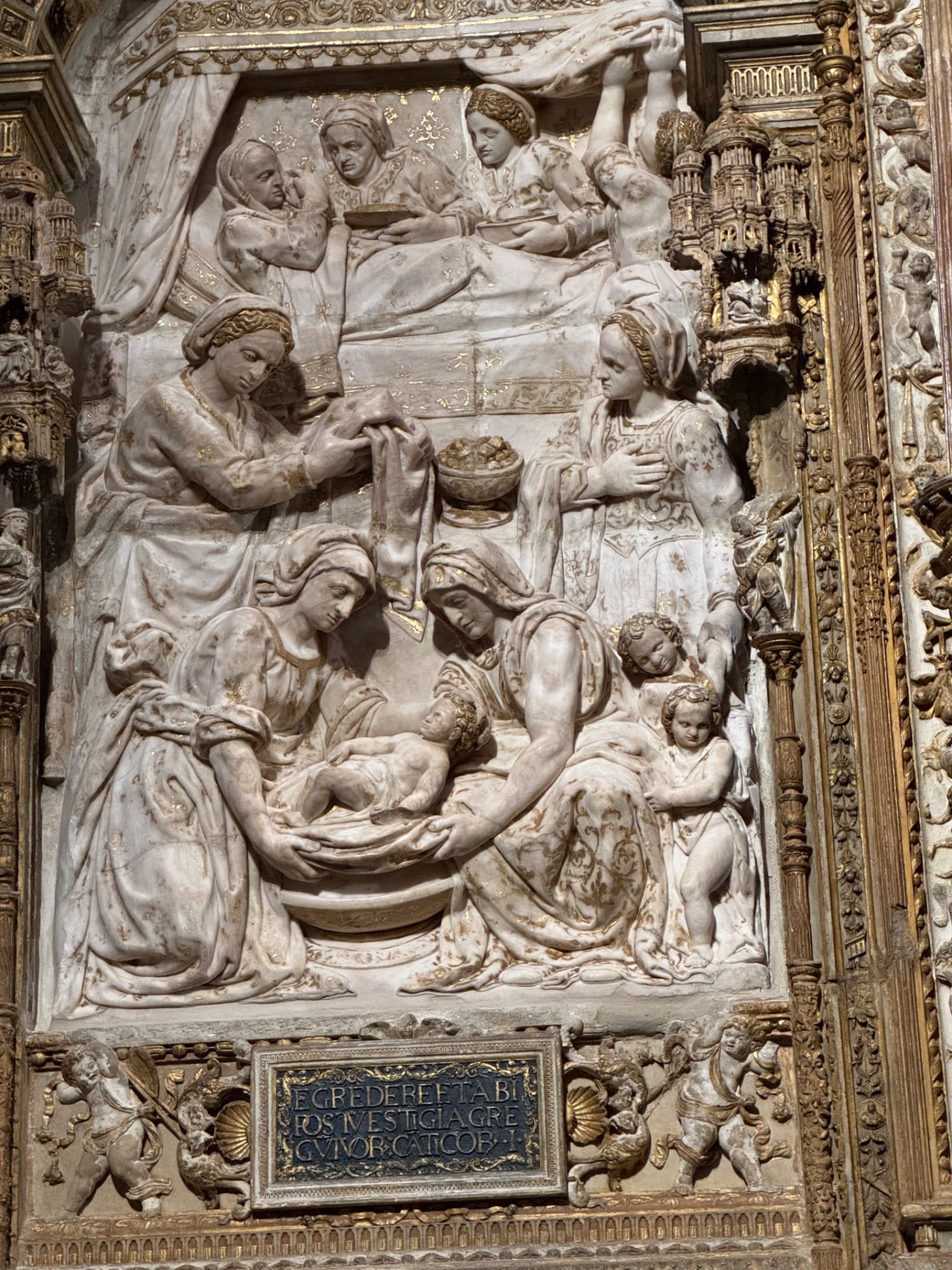 Detailed stone nativity carving in cathedral