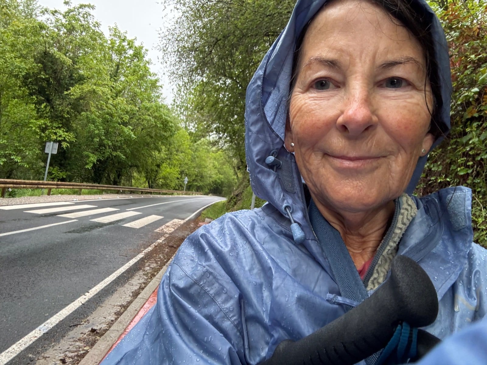 Wet road selfie in rain gear