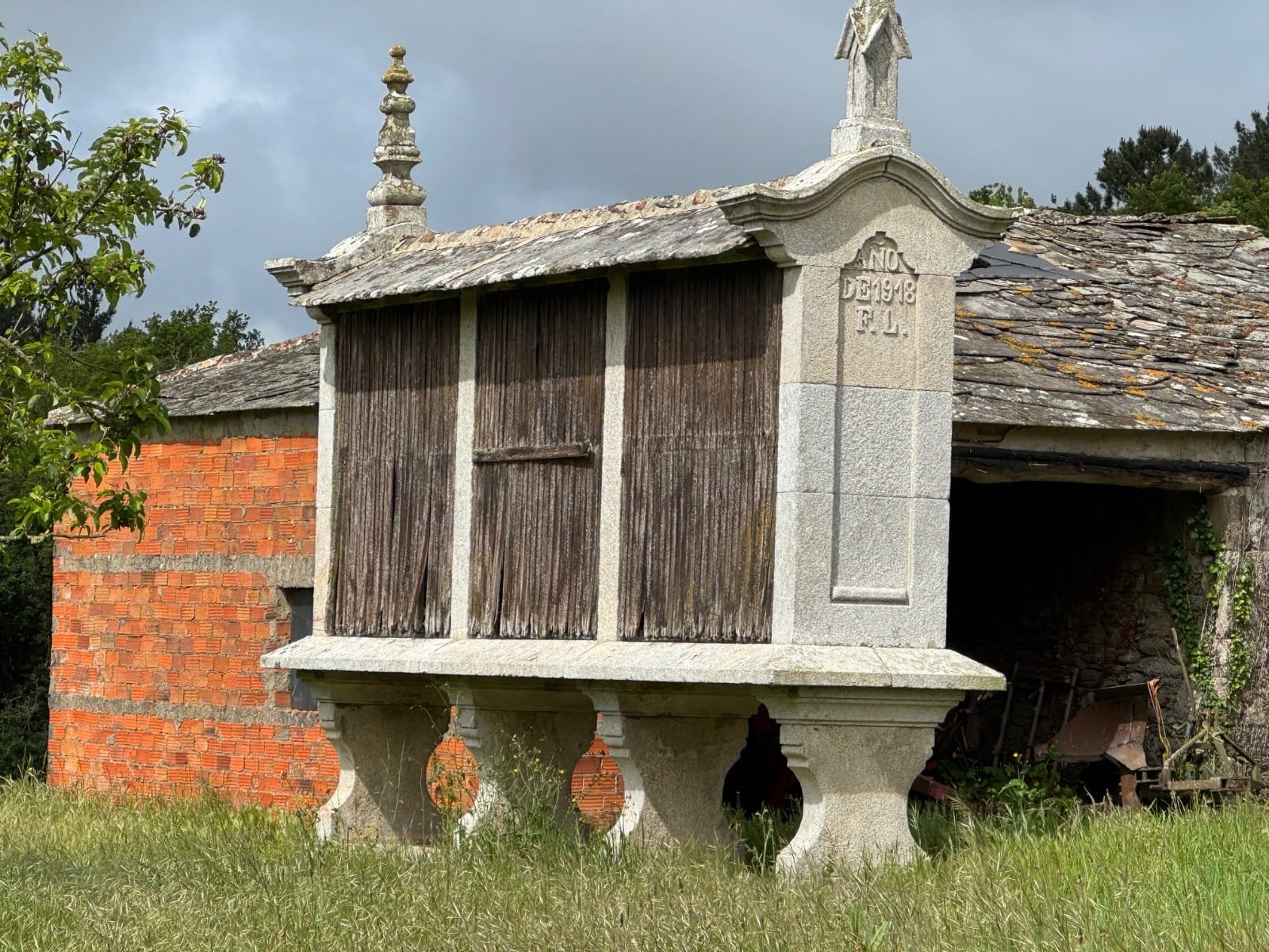 Traditional Galician hórreo granary in rural village