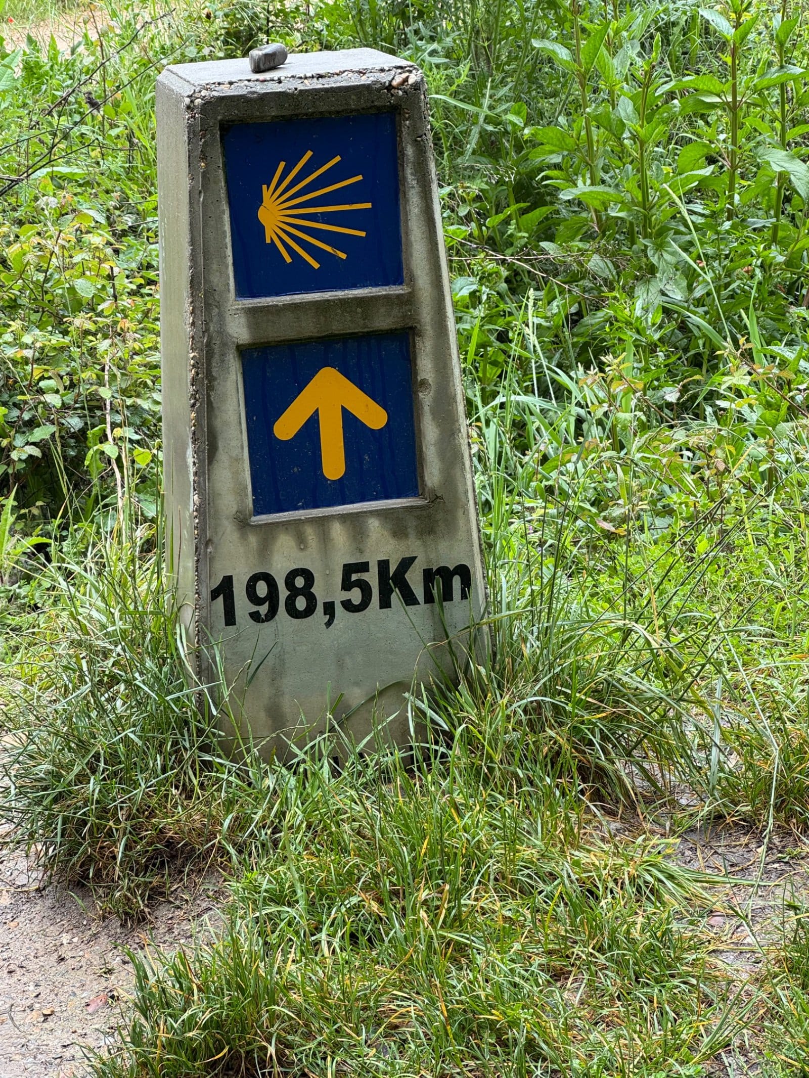 Camino marker showing 198.5 kilometers to Santiago